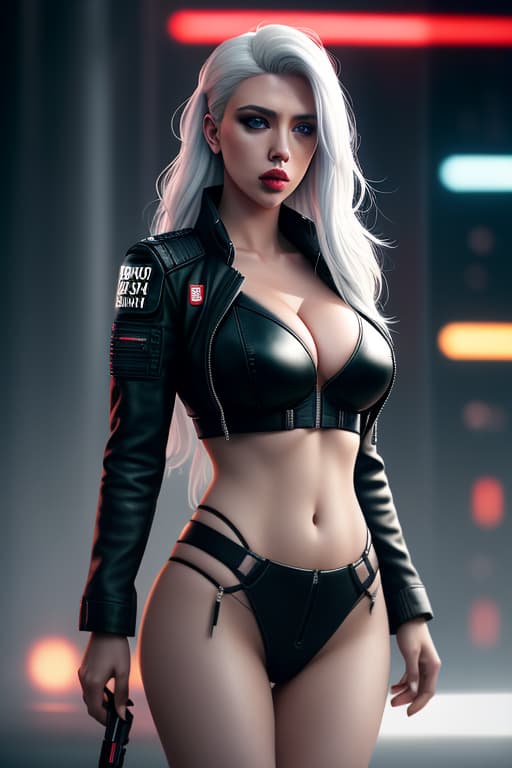  Scarlett Johansson, 25y.o., ultra realistic picture ((beautiful pale cyberpunk female with heavy black eyeliner)), blue eyes, shaved side haircut, long wavy hair, White hair, small breasts, braless, tits, deep cleavage, belly button, leather jacket, mini skirt, hyper détails, cinematic lighting, magic neon, dark red city, Canon EOS R3, nikon, f/1.4, ISO 200, 1/160s, 8K, RAW, unedited, symmetrical balance, in frame, 8K hyperrealistic, full body, detailed clothing, highly detailed, cinematic lighting, stunningly beautiful, intricate, sharp focus, f/1. 8, 85mm, (centered image composition), (professionally color graded), ((bright soft diffused light)), volumetric fog, trending on instagram, trending on tumblr, HDR 4K, 8K