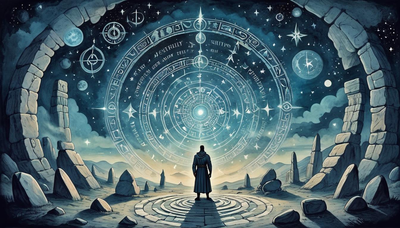  on parchment, surrealism+++, Figure standing within a circle of ancient stones, each stone engraved with runes glowing faintly, night sky filled with stars, air of discovery, introspective, ancient energy(mysterious, provocative, symbolic,muted color)+++