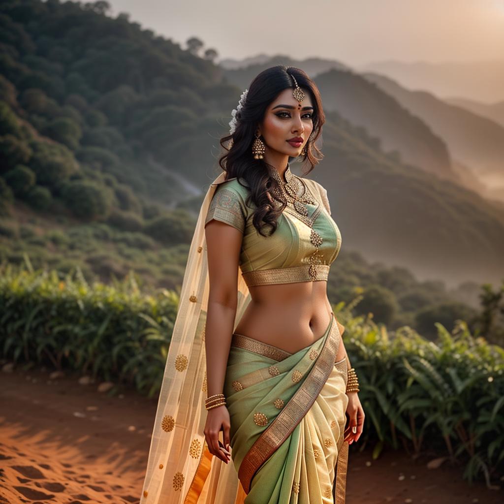  indian saree woman portrait, clean face, hd , long hair hyperrealistic, full body, detailed clothing, highly detailed, cinematic lighting, stunningly beautiful, intricate, sharp focus, f/1. 8, 85mm, (centered image composition), (professionally color graded), ((bright soft diffused light)), volumetric fog, trending on instagram, trending on tumblr, HDR 4K, 8K