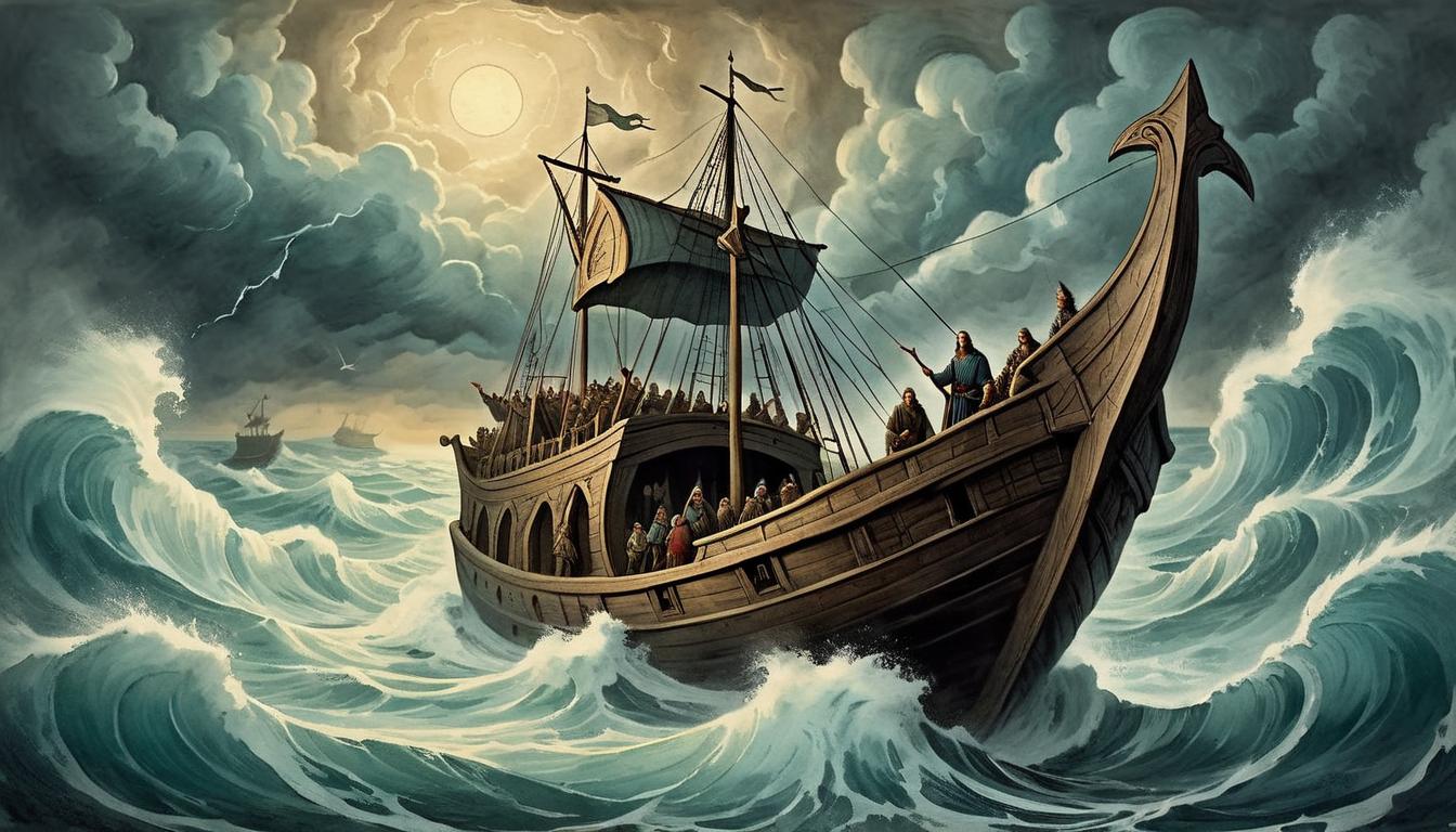  on parchment, surrealism+++, Noah standing on the bow of the ark, guiding it through rough seas, face calm and focused, waves crashing around, fierce determination, guiding light breaking through clouds(mysterious, provocative, symbolic,muted color)+++