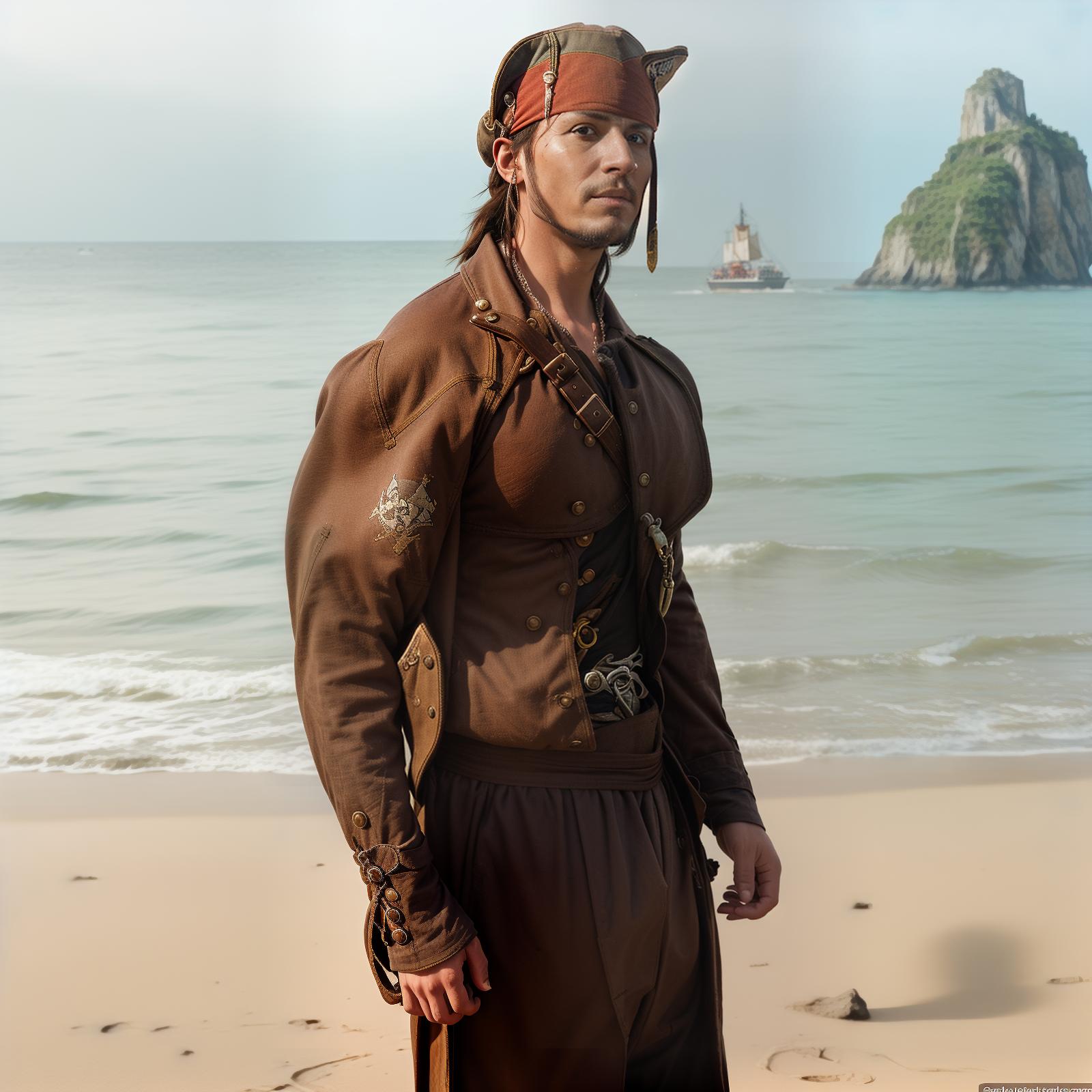  Image of a pirate. Pirate themed elements such as an eye patch, a tricorn hat, a parrot on the shoulder, a pirate coat, and a background featuring a pirate ship or a treasure island. A big sea on the background. The final image should be vibrant, very detailed