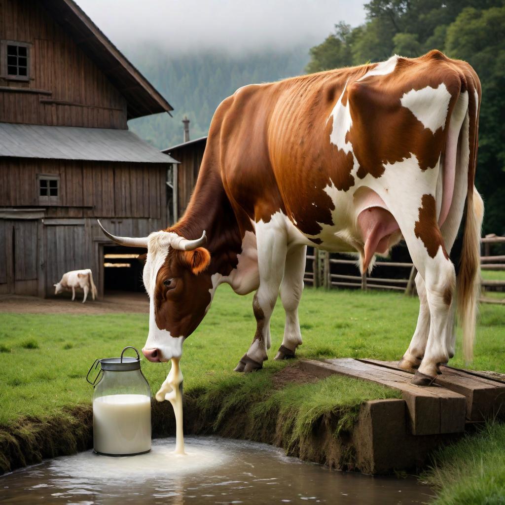  A picturesque scene of raw milk coming directly from a cow. The image should show a cow being milked, with buckets or containers collecting the fresh milk. The setting should be a serene farm environment with green pastures and a barn in the background. The cow should look healthy and content. hyperrealistic, full body, detailed clothing, highly detailed, cinematic lighting, stunningly beautiful, intricate, sharp focus, f/1. 8, 85mm, (centered image composition), (professionally color graded), ((bright soft diffused light)), volumetric fog, trending on instagram, trending on tumblr, HDR 4K, 8K