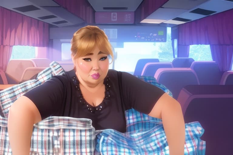  A full figured woman with bags in the bus. hyperrealistic, full body, detailed clothing, highly detailed, cinematic lighting, stunningly beautiful, intricate, sharp focus, f/1. 8, 85mm, (centered image composition), (professionally color graded), ((bright soft diffused light)), volumetric fog, trending on instagram, trending on tumblr, HDR 4K, 8K