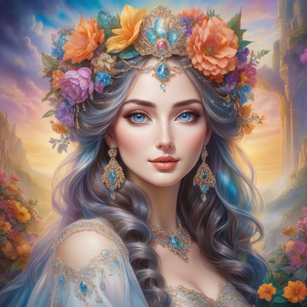  surrealist art A portrait of a woman with a flower crown and bejeweled accessories against a soft, colorful background. Watercolor in the style of Josephine Wall, Tomasz Allen Kopera, Dariusz Zawadzki, Andreja Peklar, Ivan Shiskine,Create an image of a young woman with a radiant and cheerful expression. Her skin is smooth with a fair complexion. She has large, captivating eyes with a gentle gaze and well defined eyebrows. Her full lips curve into a warm, inviting smile that enhances her approachable aura. Her hair is voluminous and flows in luxurious, well defined waves, cascading around her face and shoulders. The hair color is a soft, monochromatic hue that harmonizes with the colour tone of the image, giving an overall classical and time hyperrealistic, full body, detailed clothing, highly detailed, cinematic lighting, stunningly beautiful, intricate, sharp focus, f/1. 8, 85mm, (centered image composition), (professionally color graded), ((bright soft diffused light)), volumetric fog, trending on instagram, trending on tumblr, HDR 4K, 8K