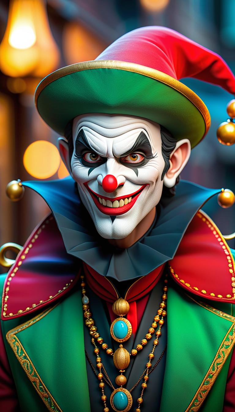  Professional 3D model of a sinister jester in a dark carnival. Dark, mysterious, scary, haunting, dramatic, ornate, detailed. . Rendered with Octane, the model is highly detailed,dramatic lighting. hyperrealistic, full body, detailed clothing, highly detailed, cinematic lighting, stunningly beautiful, intricate, sharp focus, f/1. 8, 85mm, (centered image composition), (professionally color graded), ((bright soft diffused light)), volumetric fog, trending on instagram, trending on tumblr, HDR 4K, 8K