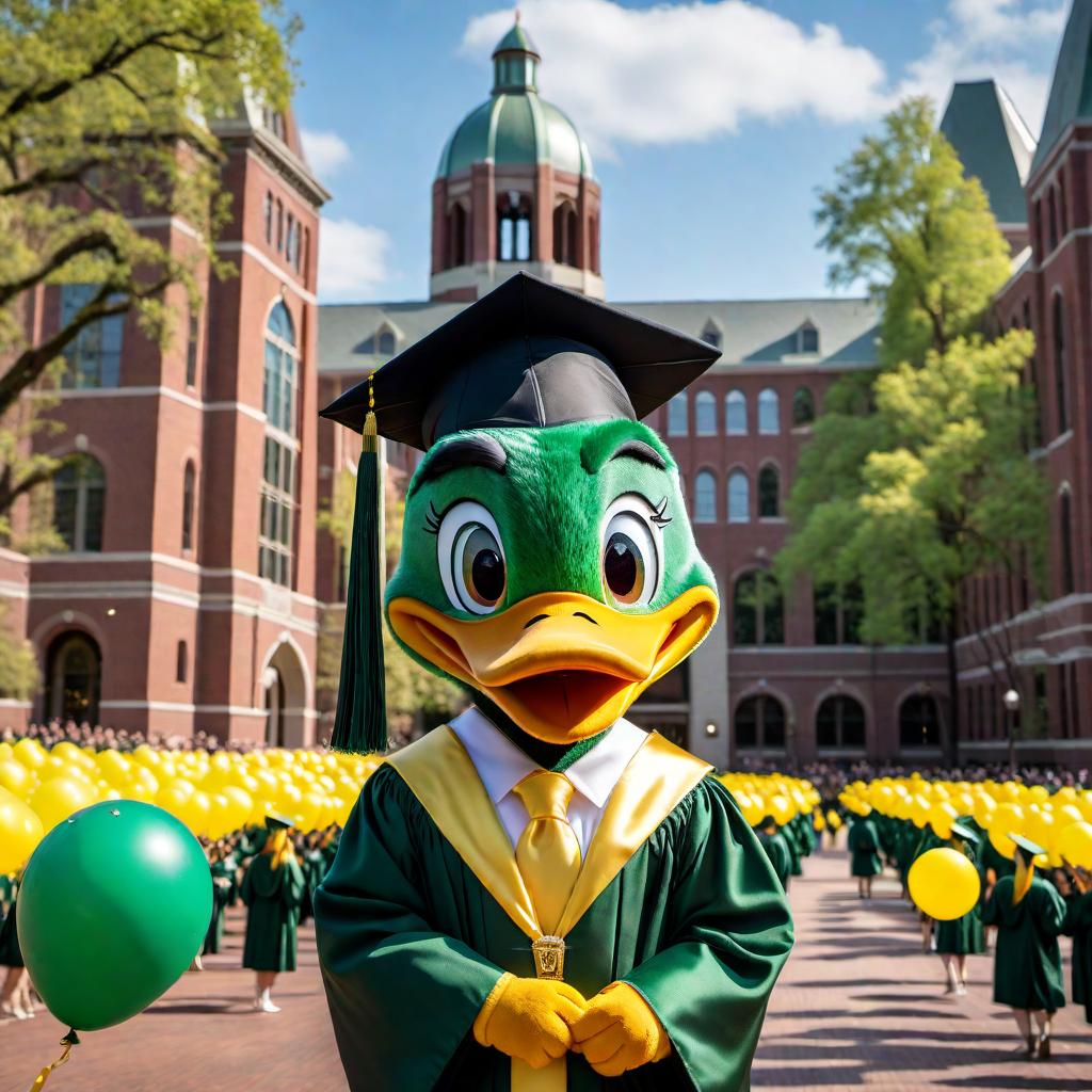  A celebratory scene featuring the Oregon Duck mascot in a graduation cap and gown. The setting is the University of Oregon campus, with proud graduates in their caps and gowns around the mascot. The background includes iconic university buildings, festive balloons, and confetti filling the air, reflecting the joyous occasion. hyperrealistic, full body, detailed clothing, highly detailed, cinematic lighting, stunningly beautiful, intricate, sharp focus, f/1. 8, 85mm, (centered image composition), (professionally color graded), ((bright soft diffused light)), volumetric fog, trending on instagram, trending on tumblr, HDR 4K, 8K