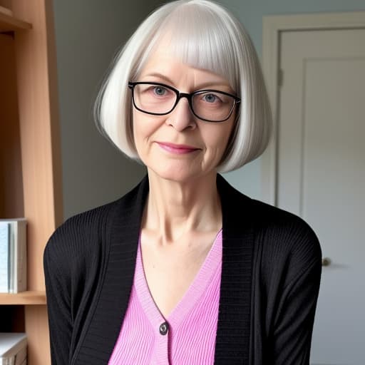  Make me an image of a pale, tall, slim old woman with a silky black bob hair style and reading glasses. She is wearing a hot pink cardigan with black pants and black loafers. She has light blue eyes.