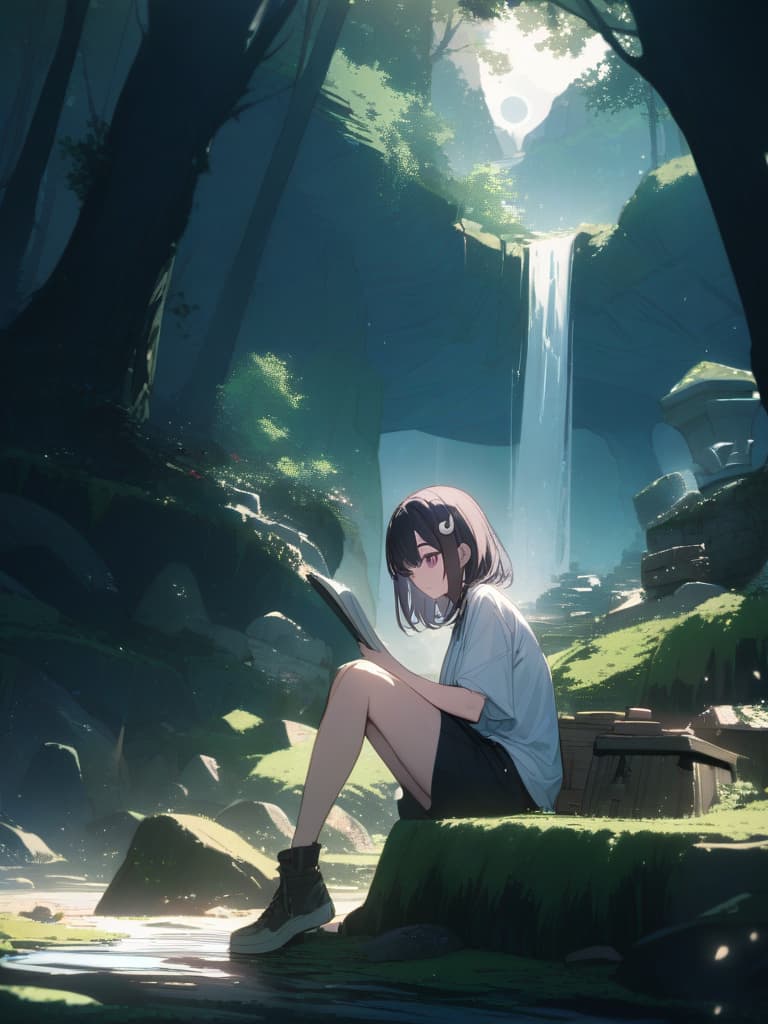  Forest,sunlight filtering through the trees,Mountain stream,moss covered rocks,broken shrine,moss covered building,forest,reading,best quality,beautiful,fantastic,cool girl,Black hair,(purple eyes),short,cropped hair,crescent moon hair ornament,On the stump, masterpiece, best quality,8k,ultra detailed,high resolution,an extremely delicate and beautiful,hyper detail