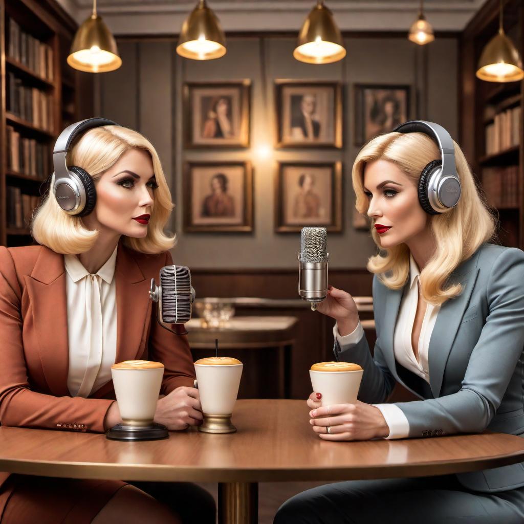  Create several podcast covers in the 60s vintage cartoon style, featuring two distinct women in their late 30s with different hair colors. One woman should have blonde hair, and the other should have dark brown hair. The women should be elegantly dressed in stylish outfits, and one of them should be holding an espresso martini. The scene should be an upscale room set up for podcasting with microphones and headphones. The title 'Plotting Greatness' should be prominently displayed on each cover. Use inviting and warm colors like gold, white, and soft pastels to ensure each cover is eye-catching and conveys a sense of refinement, elegance, and success, matching the 60s vintage cartoon aesthetic. hyperrealistic, full body, detailed clothing, highly detailed, cinematic lighting, stunningly beautiful, intricate, sharp focus, f/1. 8, 85mm, (centered image composition), (professionally color graded), ((bright soft diffused light)), volumetric fog, trending on instagram, trending on tumblr, HDR 4K, 8K