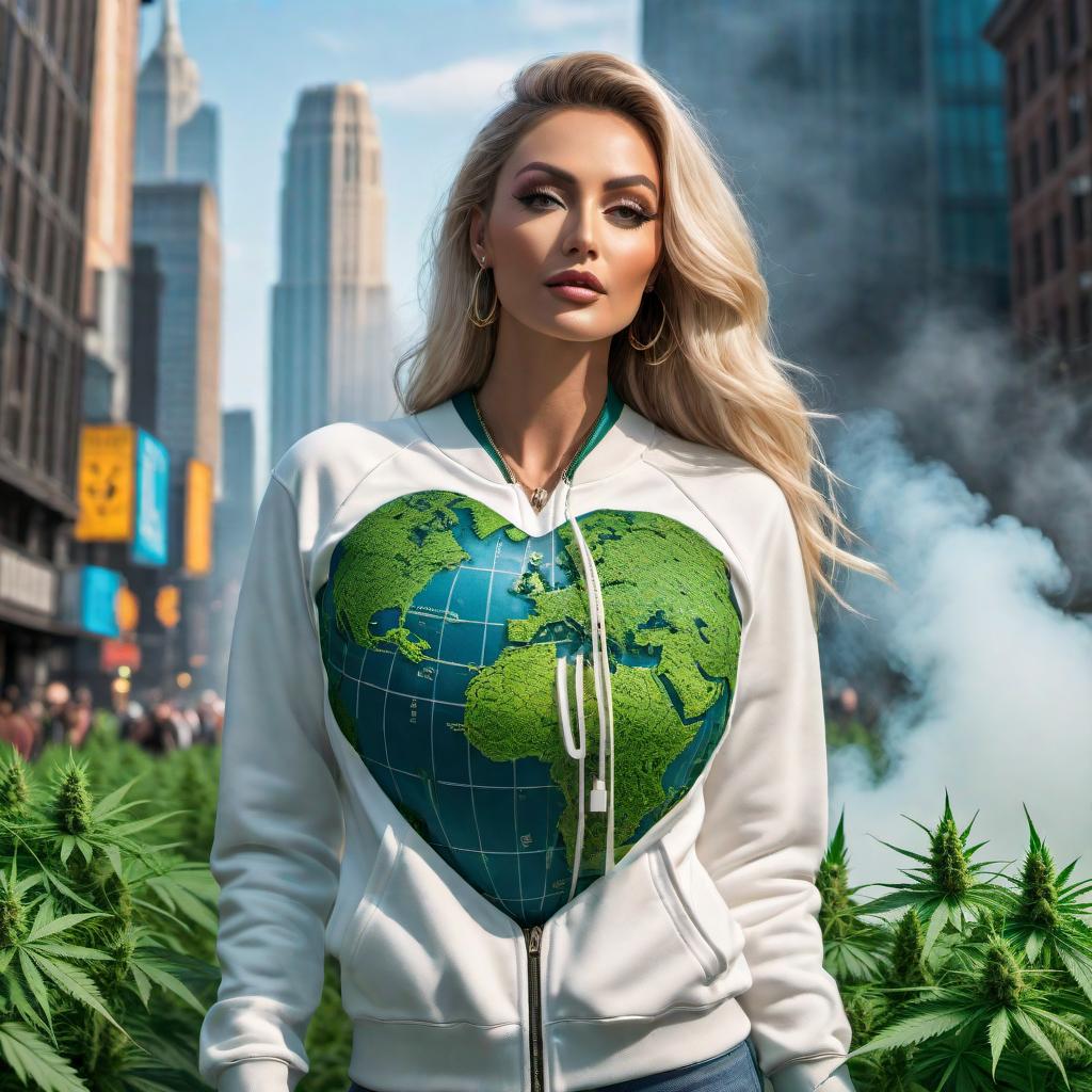  A vibrant and colorful image representing the positive impact of marijuana on the world. The image should include elements like cannabis leaves, a globe, a heart symbol, and a modern urban background. The overall design should be eye-catching and convey a message of hope and progress. Include hashtags #GreenRevolution #CannabisCommunity #PositiveImpact #SustainableLiving #HealingHerb 🌎🌿 hyperrealistic, full body, detailed clothing, highly detailed, cinematic lighting, stunningly beautiful, intricate, sharp focus, f/1. 8, 85mm, (centered image composition), (professionally color graded), ((bright soft diffused light)), volumetric fog, trending on instagram, trending on tumblr, HDR 4K, 8K