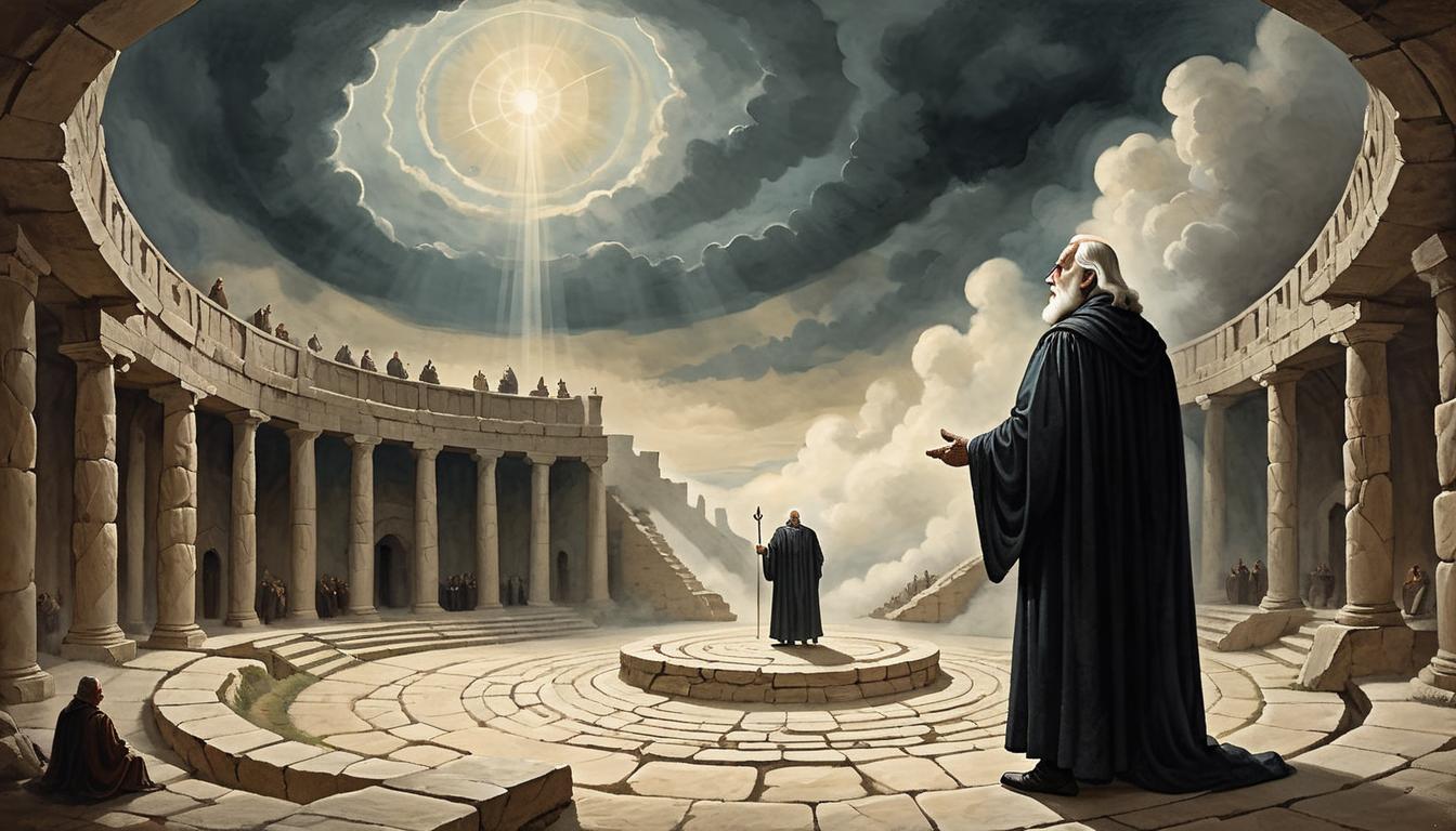  on parchment, surrealism+++, A wise elder, robed in dark garments, standing before a gathered group in a circular, ancient stone amphitheater, light beams piercing through clouds illuminating the elder's face, sense of inspiration, guidance(mysterious, provocative, symbolic,muted color)+++