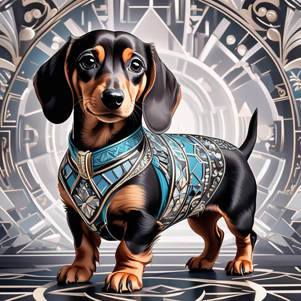  Art Deco style funny dachshund puppy close up, cartoon style, flat style, contours, coloring book for kids, black and white drawing . geometric shapes, bold colors, luxurious, elegant, decorative, symmetrical, ornate, detailed hyperrealistic, full body, detailed clothing, highly detailed, cinematic lighting, stunningly beautiful, intricate, sharp focus, f/1. 8, 85mm, (centered image composition), (professionally color graded), ((bright soft diffused light)), volumetric fog, trending on instagram, trending on tumblr, HDR 4K, 8K