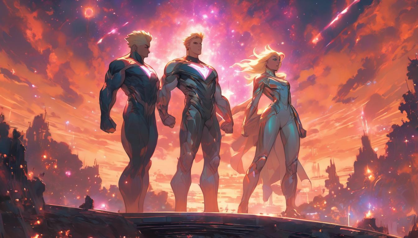  hyperrealism,fantasy aesthetic1man1woman, large busted attractive blonde arian female humanoid and attractive blonde arian male humanoid, standing on a cosmic bridge, connecting earth and stars, illuminated pathways, aligned and cohesive mood, high tech clothing clad in sleek, futuristic costume with metallic accents and form fitting designs, marvel superhero comics style, unreal engine rendering