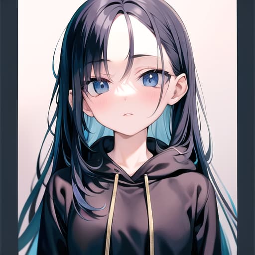  master piece , best quality,Black hoodie, long blue hair.