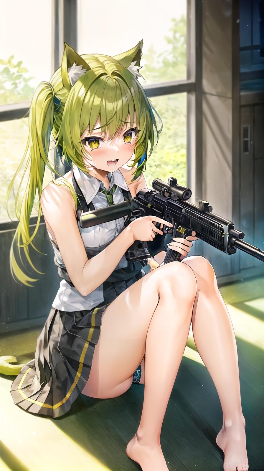  master piece , best quality,High school girl with submachine gun in hand, barefoot, yellowish green hair, cat ears, crying face