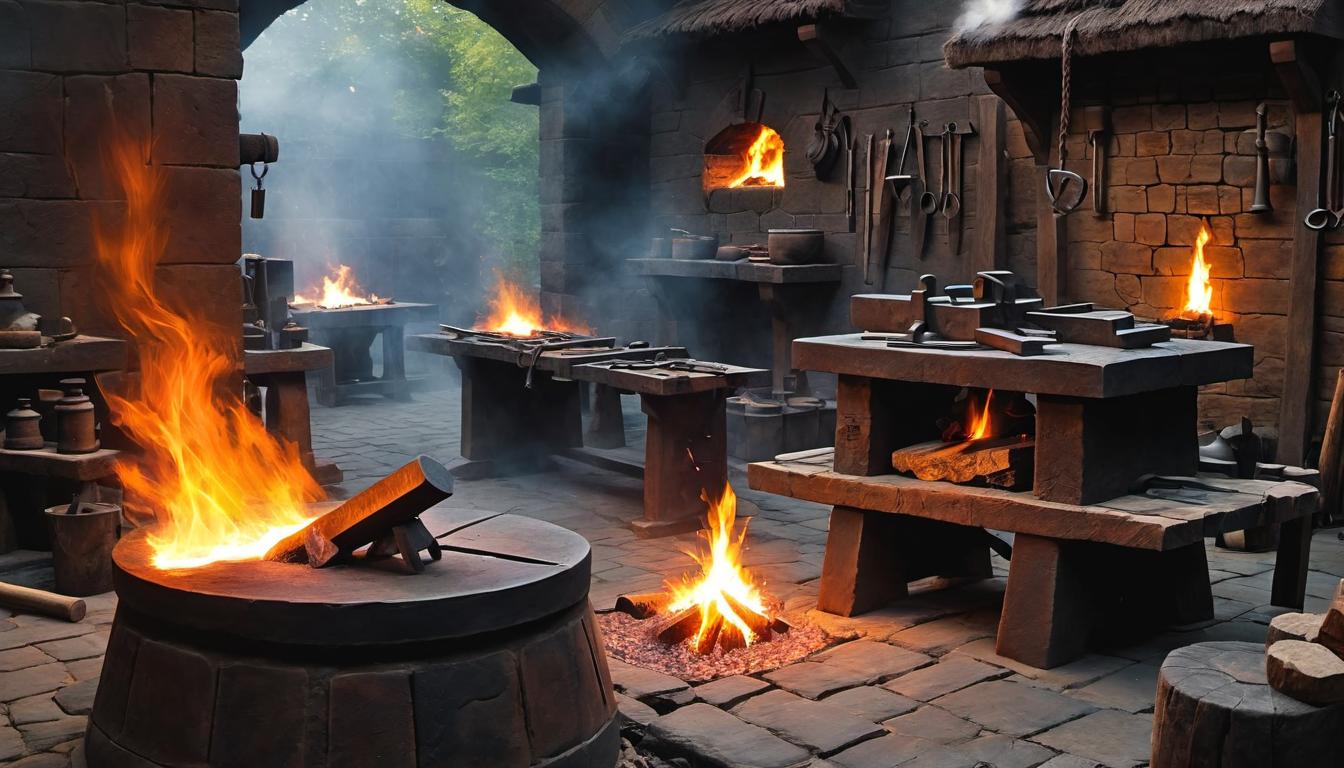  （surrealism)A blacksmith's forge, fire roaring, sparks flying, anvil and hammer, a glowing weapon being crafted, intense heat, focused craftsmanship, tools of self discipline, forged strength mystic, intricate details, best quality)