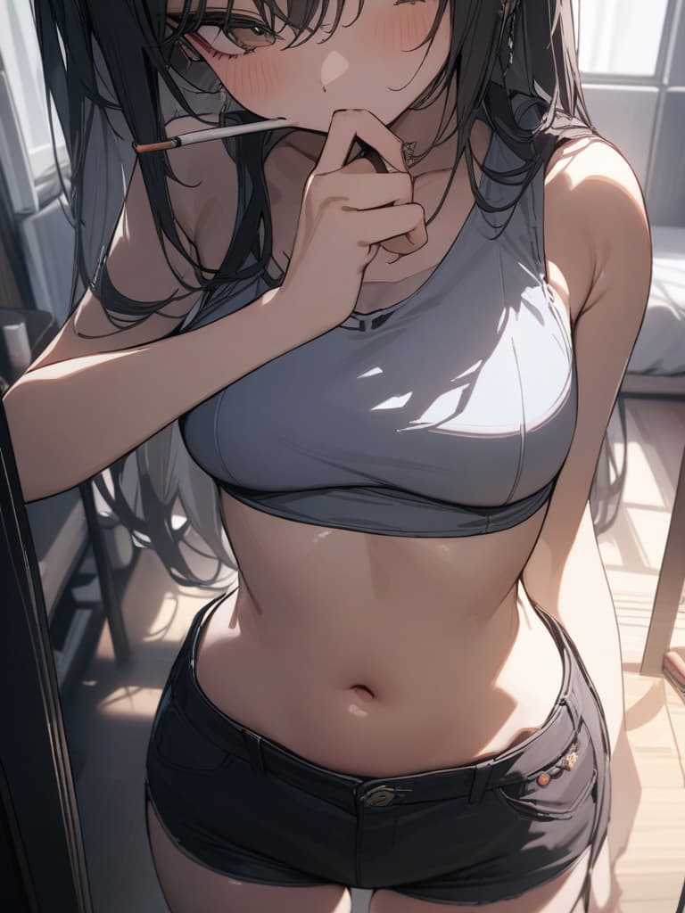  Cute, girls, piercings, navel, shorts, tank tops, rooms, smoking, cigarettes, masterpiece, best quality,8k,ultra detailed,high resolution,an extremely delicate and beautiful,hyper detail