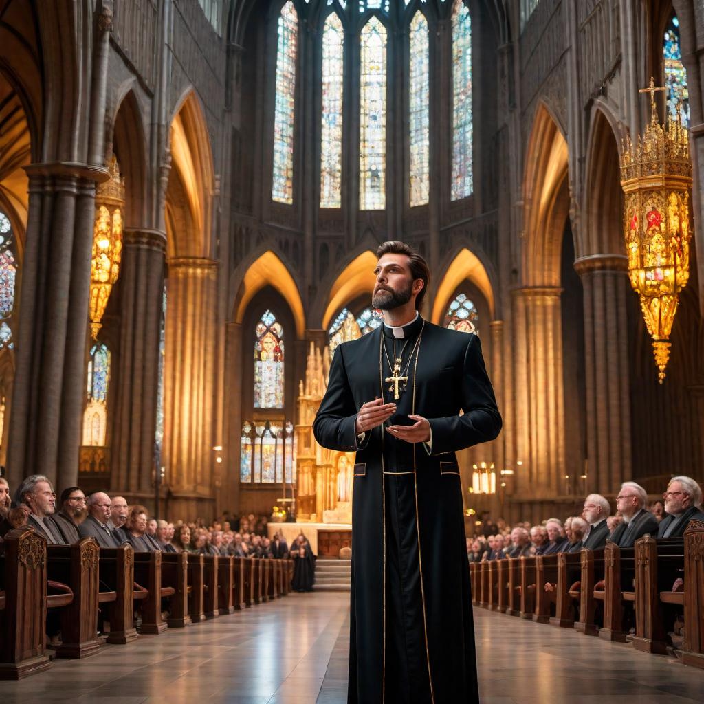  A person preaching before thousands in a grand, majestic cathedral. The cathedral features high vaulted ceilings with intricate stained-glass windows and ornate decorations. The preacher is standing at the front, perhaps behind a podium, with an expressive posture, engaging the large, attentive audience seated in the pews filled with people. Warm lighting filters through the stained glass, illuminating the scene with a divine glow. hyperrealistic, full body, detailed clothing, highly detailed, cinematic lighting, stunningly beautiful, intricate, sharp focus, f/1. 8, 85mm, (centered image composition), (professionally color graded), ((bright soft diffused light)), volumetric fog, trending on instagram, trending on tumblr, HDR 4K, 8K