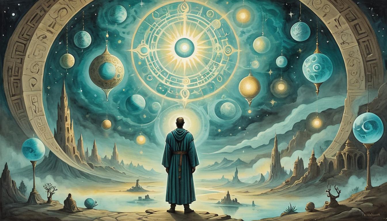  on parchment, surrealism+++, Mystical surroundings, glowing orbs of light, meditative figure, cosmic patterns in the background, transcendental atmosphere, sense of wisdom, timeless realm(mysterious, provocative, symbolic,muted color)+++