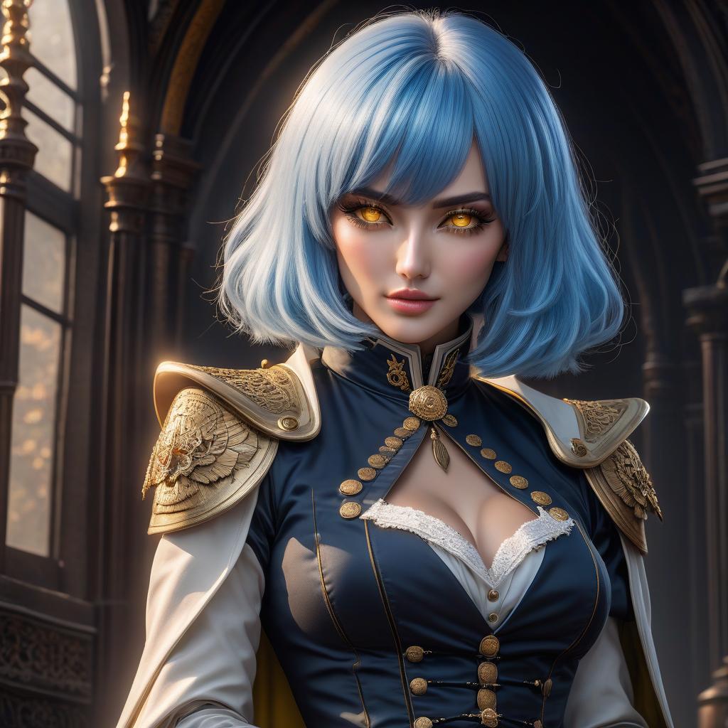  Girl, paladin, ((full body)), blue hair, bob cut, bright yellow eyes, hourglass figure, fully clothed, military uniform, (19th century ceremonial uniform), white clothes, white cloak, ((leggings )), black boots, over the knee boots, thigh high boots, tight boots, (shako), belt, choker, epaulettes, awards, (epic pose), looking at viewer, looking down, evil grin, (extremely hyper detailed face), (masterpiece : 1.4), (perfect eyes: 1.1), (perfect hands), 2D, anime, extremely detailed clothes. hyperrealistic, full body, detailed clothing, highly detailed, cinematic lighting, stunningly beautiful, intricate, sharp focus, f/1. 8, 85mm, (centered image composition), (professionally color graded), ((bright soft diffused light)), volumetric fog, trending on instagram, trending on tumblr, HDR 4K, 8K