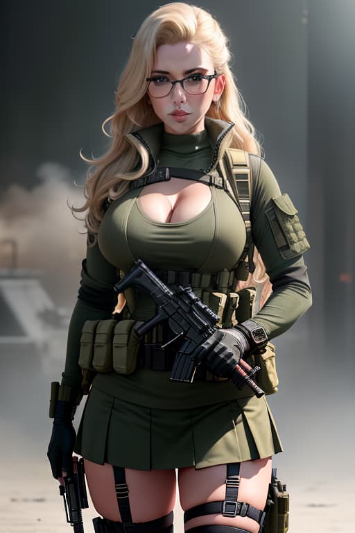  Scarlett Johansson, best quality, uniform, microphone, assault rifle, thigh holster, military uniform, weapon, short skirt, glasses, gloves, stockings, krag jorgensen, m1911, first aid kit, long sleeves, fn fal, green skirt, military, m60, rifle, bandages, long hair, blonde hair, wavy hair, cleavage, medium breasts, military operator, load bearing vest, handgun, watch, machine gun, solo, holster, headset, gun, green eyes, masterpiece, newest, absurdres, hyperrealistic, full body, detailed clothing, highly detailed, cinematic lighting, stunningly beautiful, intricate, sharp focus, f/1. 8, 85mm, (centered image composition), (professionally color graded), ((bright soft diffused light)), volumetric fog, trending on instagram, trending on tumblr, HDR 4K, 8K