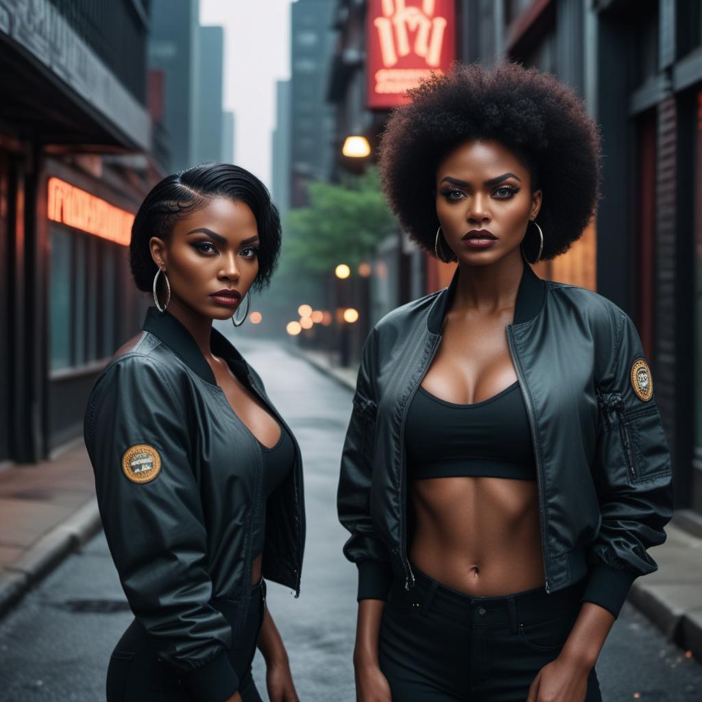  Angry black female twins in lofi style, intense expressions, dark and moody background, vibrant colors, intricate details hyperrealistic, full body, detailed clothing, highly detailed, cinematic lighting, stunningly beautiful, intricate, sharp focus, f/1. 8, 85mm, (centered image composition), (professionally color graded), ((bright soft diffused light)), volumetric fog, trending on instagram, trending on tumblr, HDR 4K, 8K