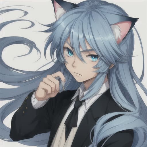  cute anime old cat boy with blue eyes and long hair
