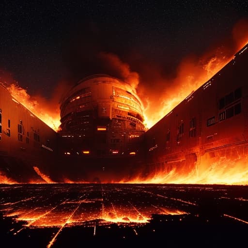  Cinematic, breathtaking photograph of a far away space station, covered in flames, burnt debris seen, outer space background wide body