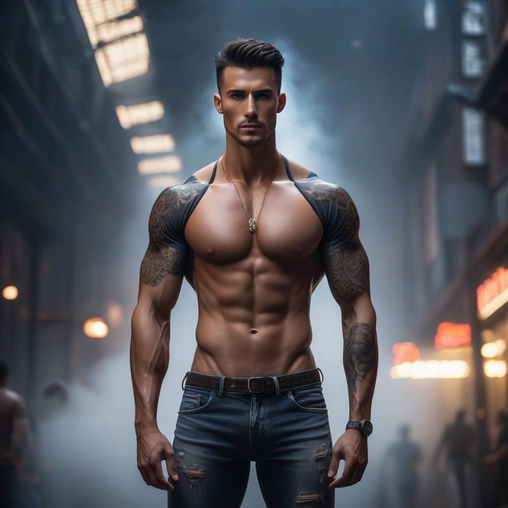  A young man, brunette, skinny, in a tight body hyperrealistic, full body, detailed clothing, highly detailed, cinematic lighting, stunningly beautiful, intricate, sharp focus, f/1. 8, 85mm, (centered image composition), (professionally color graded), ((bright soft diffused light)), volumetric fog, trending on instagram, trending on tumblr, HDR 4K, 8K