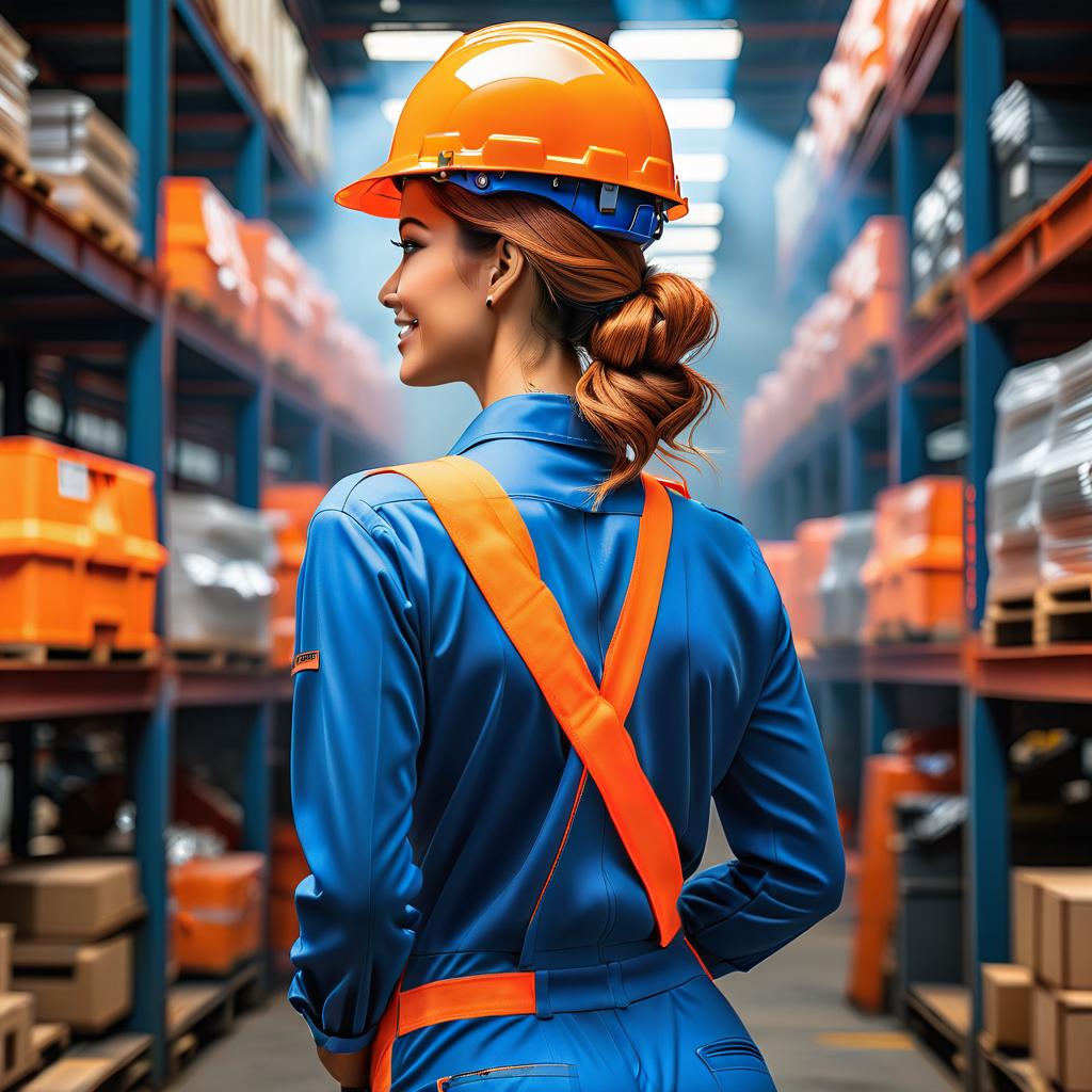  A girl in an orange construction helmet, smiling, a blue jumpsuit. A view from behind. hyperrealistic, full body, detailed clothing, highly detailed, cinematic lighting, stunningly beautiful, intricate, sharp focus, f/1. 8, 85mm, (centered image composition), (professionally color graded), ((bright soft diffused light)), volumetric fog, trending on instagram, trending on tumblr, HDR 4K, 8K