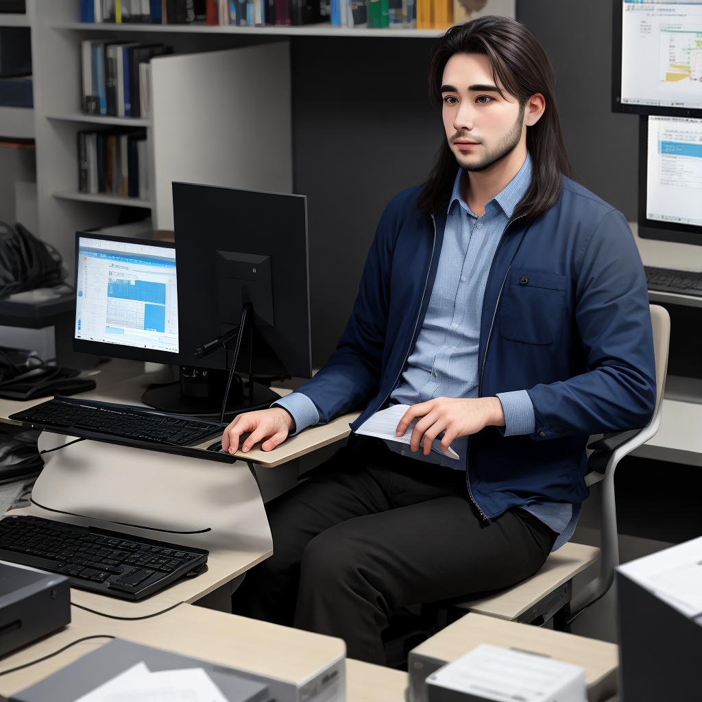  A 27-year-old man with thin hair, one meter and eighty-five slightly fat, sits in front of a computer seat