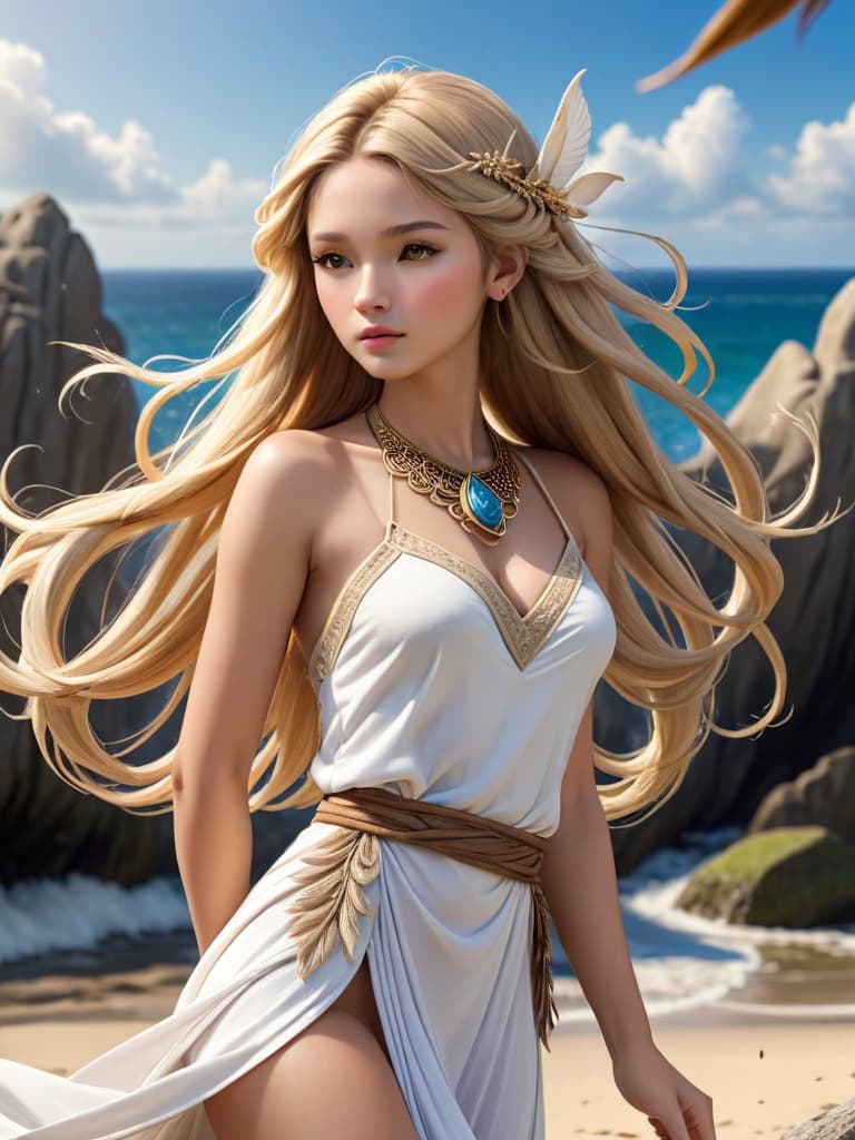  nymph seaside oceanfront boulder storm stringed harp robe toga lyrics blond toga hemp driftwood front view, , , photorealistic, raw photo, (1girl, looking at viewer), long hair, cloth white armor, intricate seashell necklace , delicate wood filigree, intricate filigree, beige skin parts, wood decoration, hair adorned with sticks, detailed accessories part, dynamic pose, singing pose, detailed background, dynamic lighting,(textured skin:1.3)