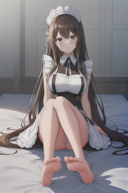  (score 9,score 8 up,score 7 up,),1girl,solo,maid,maid headdress,looking at viewer,apron,brown hair,indoors,black hair,bare foot,feet focus,two feet hyperrealistic, full body, detailed clothing, highly detailed, cinematic lighting, stunningly beautiful, intricate, sharp focus, f/1. 8, 85mm, (centered image composition), (professionally color graded), ((bright soft diffused light)), volumetric fog, trending on instagram, trending on tumblr, HDR 4K, 8K