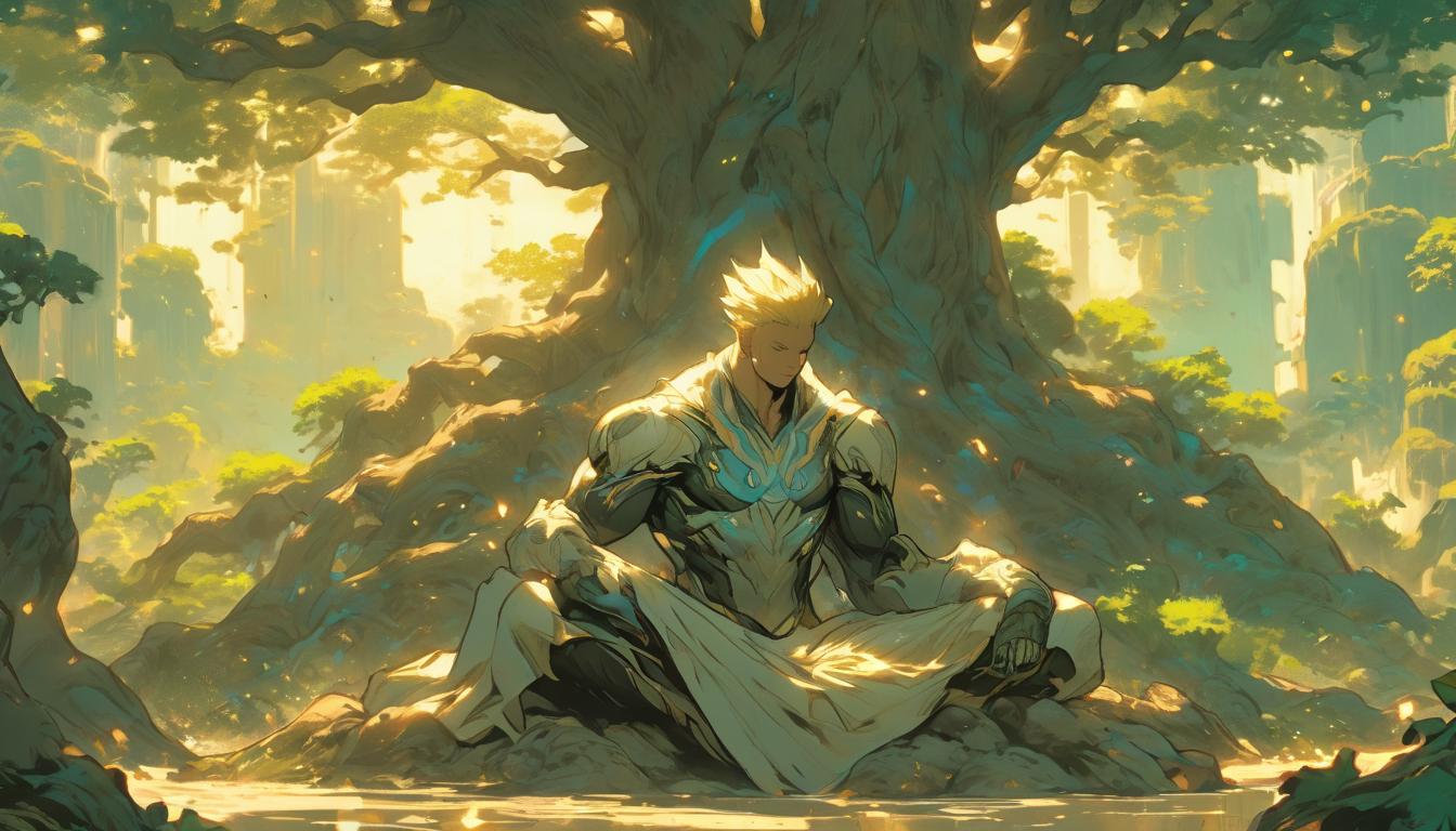  hyperrealism,fantasy aesthetic1man, attractive blonde arian male humanoid, meditating under a large ancient tree, roots symbolizing breaking free, aura of enlightenment, high tech clothing clad in sleek, futuristic costume with metallic accents and form fitting designs, marvel superhero comics style, unreal engine rendering