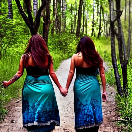  dos mujeres gemelas vestidas con tatuajes en una selva y un hombre mayor alejado de ella