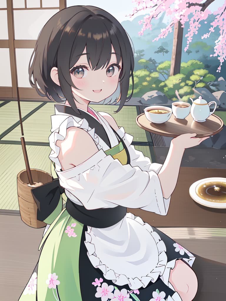  Japanese Painting Style, FRILL APRON, BARE SHOULDER, CARRY A TRAY, HAPPY SMILE, Japanese Cafe, Best Quality: 1.4, ULTRA DETALED EXTURE, Raw PhotOREALISTIC, Absurd Resolution, 8k Illustration, 💩, 💩, 💩, 💩, 💩, 💩,, masterpiece, best quality,8k,ultra detailed,high resolution,an extremely delicate and beautiful,hyper detail