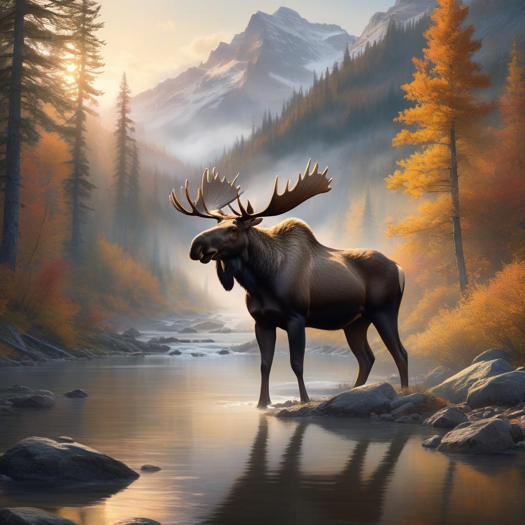  concept art A majestic moose stands by a serene river amidst a misty, autumnal forest with a striking mountain backdrop at sunset. . digital artwork, illustrative, painterly, matte painting, highly detailed hyperrealistic, full body, detailed clothing, highly detailed, cinematic lighting, stunningly beautiful, intricate, sharp focus, f/1. 8, 85mm, (centered image composition), (professionally color graded), ((bright soft diffused light)), volumetric fog, trending on instagram, trending on tumblr, HDR 4K, 8K