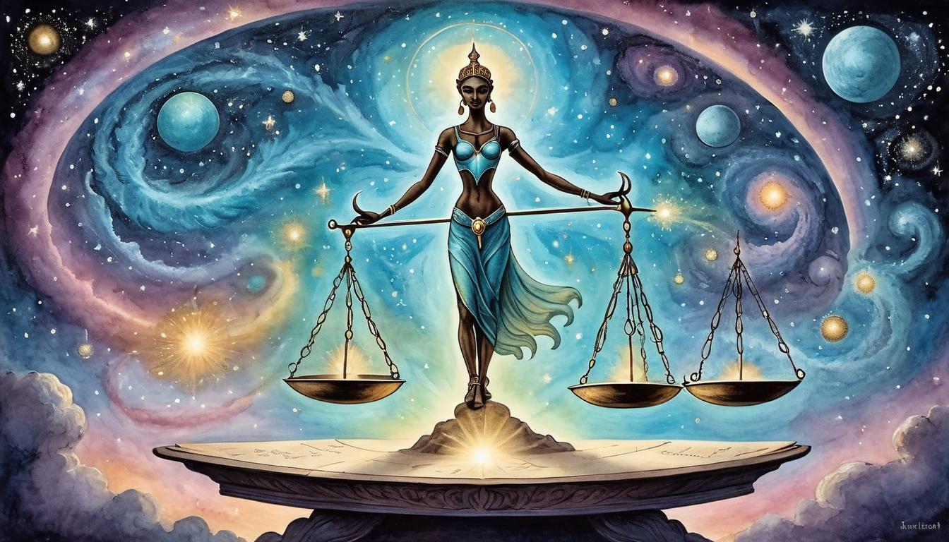  on parchment, surrealism+++, Celestial balance scales, held by luminous ethereal figure, cosmos as backdrop with swirling galaxies, scales emitting radiant light, universal harmony, justice, cosmic alignment(mysterious, provocative, symbolic,muted color)+++