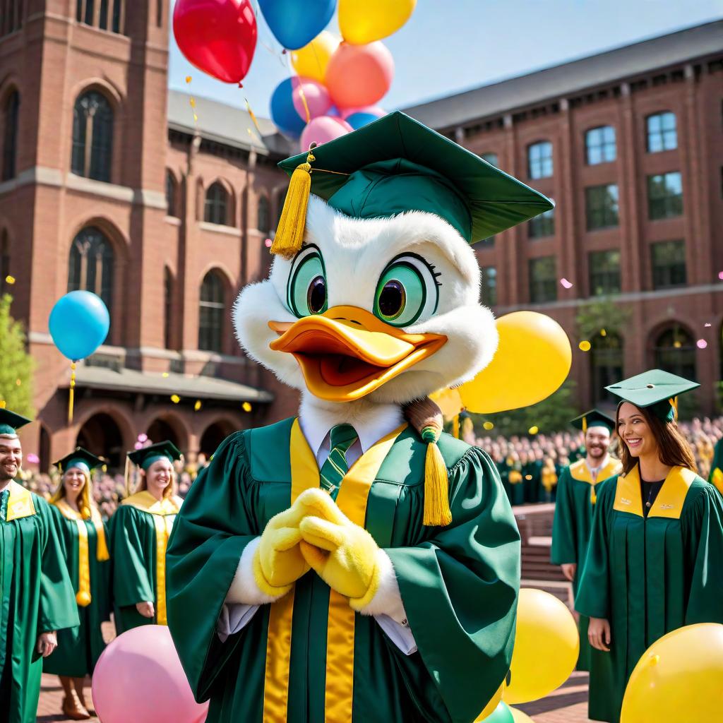  A festive scene featuring the Oregon Duck mascot in a graduation cap and gown. The setting takes place on the University of Oregon campus, surrounded by proud graduates in caps and gowns. Include iconic university buildings in the background, with colorful balloons, confetti in the air, and a joyous atmosphere. hyperrealistic, full body, detailed clothing, highly detailed, cinematic lighting, stunningly beautiful, intricate, sharp focus, f/1. 8, 85mm, (centered image composition), (professionally color graded), ((bright soft diffused light)), volumetric fog, trending on instagram, trending on tumblr, HDR 4K, 8K