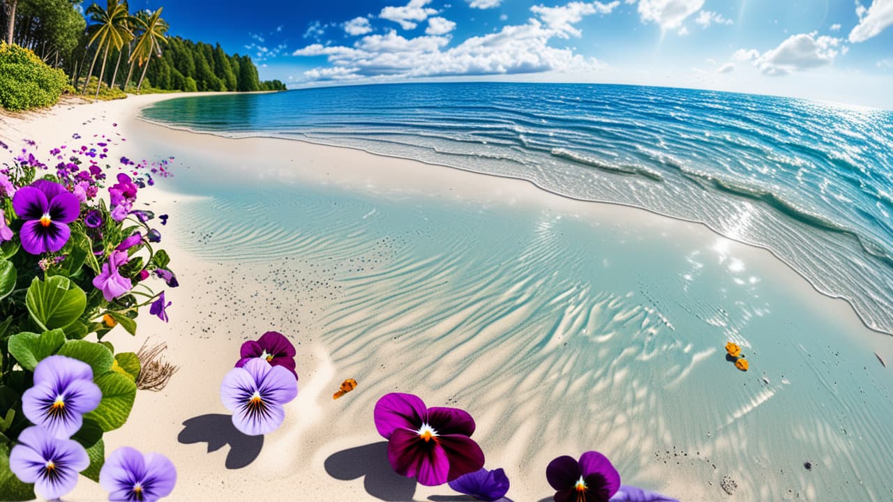  best quality, HD, Beach summer panoramic background with Pansy flower on the cristal sand and glory water