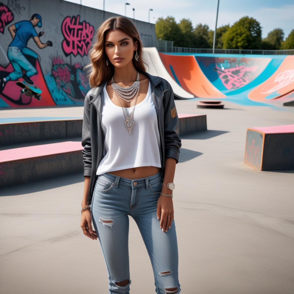  A fashion model wearing a diamond necklace at a lively skatepark. The skatepark is bustling with skateboarders performing tricks, with graffiti art on the walls and ramps. The model should be the focal point, elegantly dressed, contrasting with the casual and energetic atmosphere of the skatepark. The diamond necklace should sparkle, drawing attention. hyperrealistic, full body, detailed clothing, highly detailed, cinematic lighting, stunningly beautiful, intricate, sharp focus, f/1. 8, 85mm, (centered image composition), (professionally color graded), ((bright soft diffused light)), volumetric fog, trending on instagram, trending on tumblr, HDR 4K, 8K