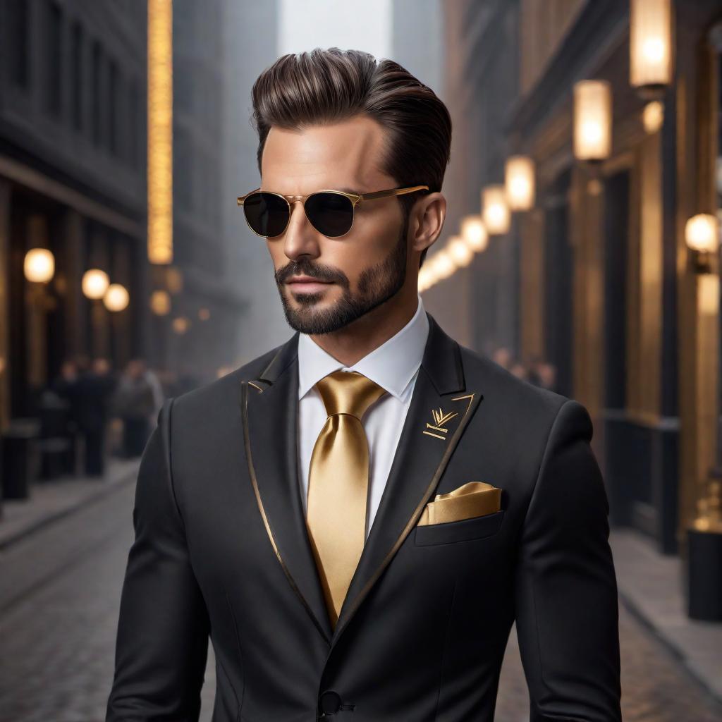  A modern logo for a business named 'MetroPolish' in black and gold colors. The logo should represent a men's personal care product. Elements to include: a stylish hair, a clean-shaven man, a yacht, and a suit. The design should be sleek and sophisticated, emphasizing luxury and modernity. The man should be clean-shaven, looking sharp and polished. hyperrealistic, full body, detailed clothing, highly detailed, cinematic lighting, stunningly beautiful, intricate, sharp focus, f/1. 8, 85mm, (centered image composition), (professionally color graded), ((bright soft diffused light)), volumetric fog, trending on instagram, trending on tumblr, HDR 4K, 8K