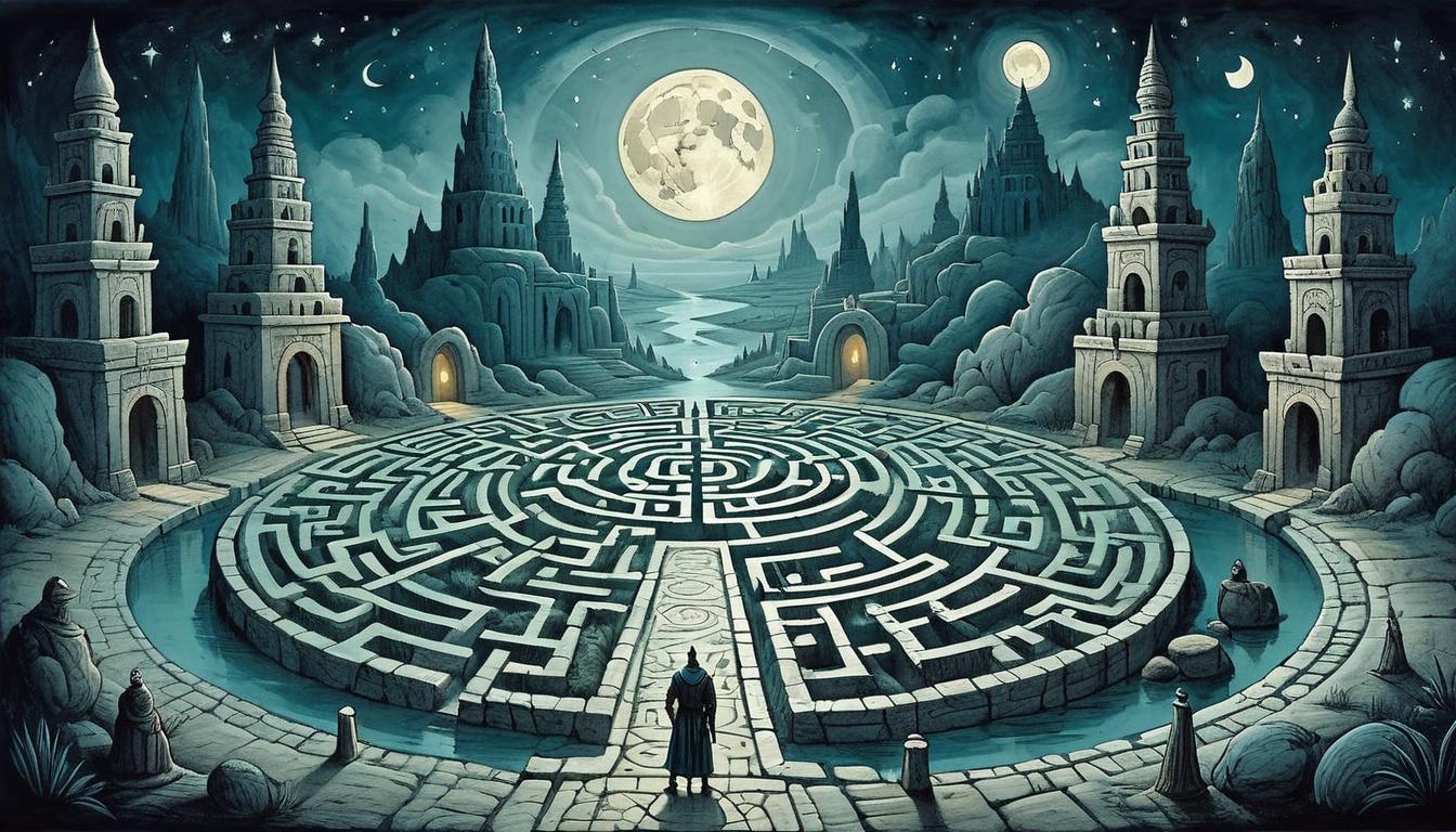  on parchment, surrealism+++, A labyrinth of pathways in an ancient city under moonlight, figure standing at crossroads, paths intricately carved, clarity, ancient wisdom, night(mysterious, provocative, symbolic,muted color)+++