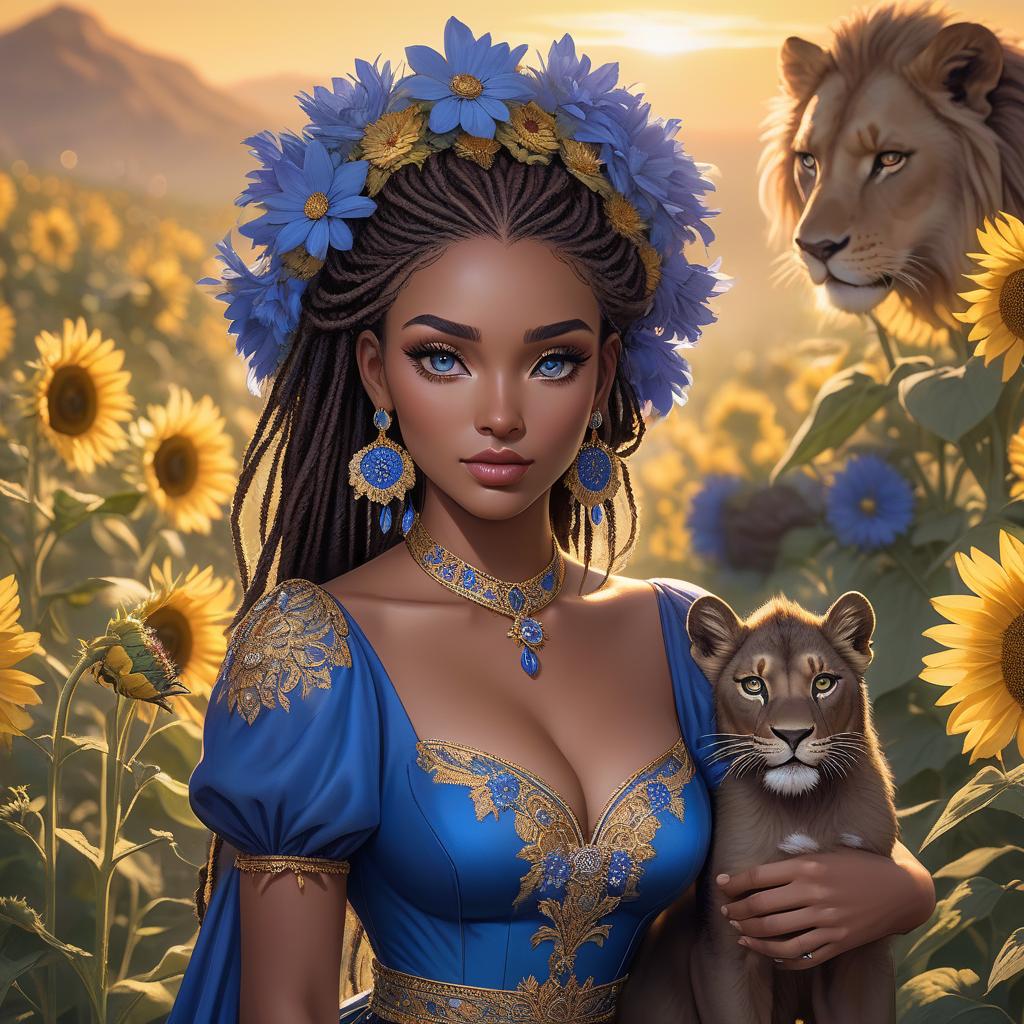  A with striking eyes holds a young lion amidst a sunflower field at sunset. Her hair is adorned with blue flowers, matching her dress. A young African with a rich, dark complexion and large, round, expressive dark brown eyes. She has full lips and a small, delicate nose. Her face is framed by long, dreadlocks in a natural dark brown color. She wears blue dangly earrings with blue daisies that accentuate her eyes. The wears a bright royal blue dress with puff sleeves, which has intricate gold embroidery and daisy embellishments that match her earrings. In her arms she tenderly holds a young lion, whose gentle, catty eyes and soft features convey a feeling of trust and security. The lion's fur is a traditional lion brow hyperrealistic, full body, detailed clothing, highly detailed, cinematic lighting, stunningly beautiful, intricate, sharp focus, f/1. 8, 85mm, (centered image composition), (professionally color graded), ((bright soft diffused light)), volumetric fog, trending on instagram, trending on tumblr, HDR 4K, 8K