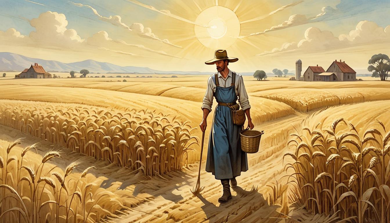  on parchment, surrealism+++, Ruth, in a vast golden field, wearing simple working attire, bent over collecting leftover grains, sun low in the sky casting elongated shadows, resilience in effort, agricultural backdrop, timeless labor, perseverance(mysterious, provocative, symbolic,muted color)+++