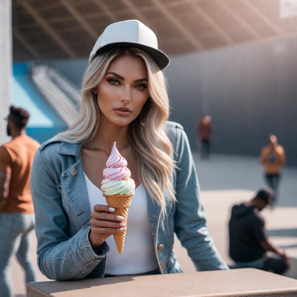  Beautiful female model wearing a diamond clustered ice cream cone pendant at a skatepark hyperrealistic, full body, detailed clothing, highly detailed, cinematic lighting, stunningly beautiful, intricate, sharp focus, f/1. 8, 85mm, (centered image composition), (professionally color graded), ((bright soft diffused light)), volumetric fog, trending on instagram, trending on tumblr, HDR 4K, 8K