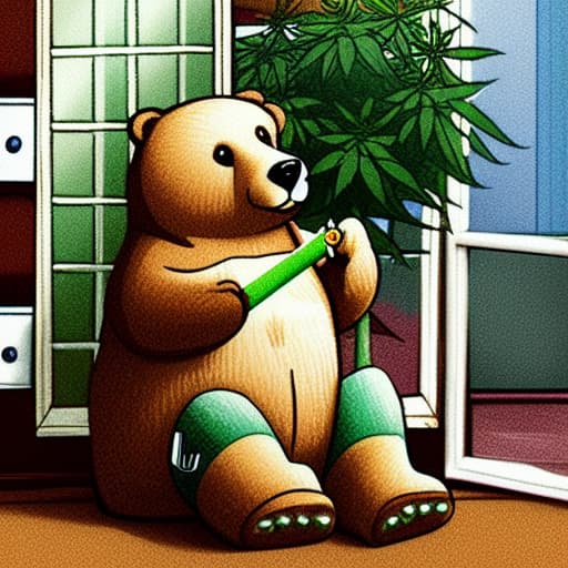  A bear smoking weed in a house full of weed plants