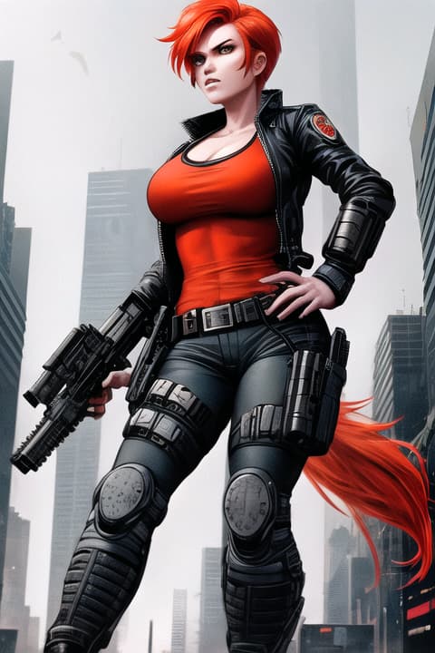  a fierce character with fiery hair, in armed, police woman, in the style of Molecular, Al Capp, intense and powerful, photo enhanced, cyberpunk genre, fiery red