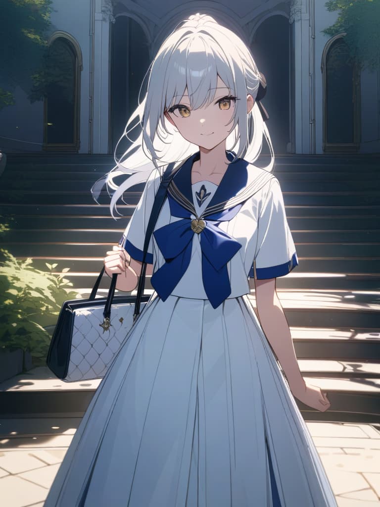  ((Young lady,Young lady ,Noble,Sailor uniform,Noble sailor uniform,Elegant)),Hair in a ponytail and d over her shoulder,Beautiful,Pretty ,Silver hair,Olive eyes,Smile,Handbag,Pure,Young lady's return,Entrance to the mansion、ultra detailed,best shadow,cute and beautiful face,(masterpiece:1.2),(best quality:1.2),detailed background,high contrast,(best illumination,an extremely delicate and beautiful),((cinematic light)),hyper detail,dramatic light,intricate details,8k,anime,very aesthetic, masterpiece, best quality,8k,ultra detailed,high resolution,an extremely delicate and beautiful,hyper detail