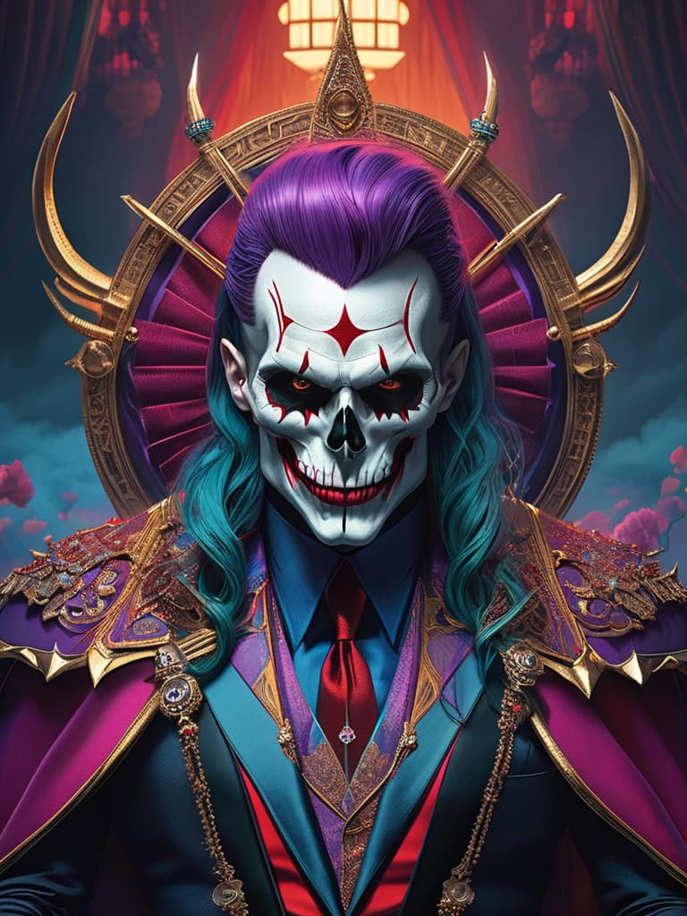  Hyper realistic art skull joker demon concept art portrait by Casey Weldon, Olga Kvasha, Miho Hirano, hyperdetailed intricately detailed gothic art trending on Artstation triadic colors Unreal Engine 5 detailed matte painting, deep color, fantastical, intricate detail, splash screen, complementary colors, fantasy concept art, 8k resolution, gothic DeviantArt masterpiece, Extremely high resolution details, photographic, realism pushed to extreme, fine texture, incredibly lifelike hyperrealistic, full body, detailed clothing, highly detailed, cinematic lighting, stunningly beautiful, intricate, sharp focus, f/1. 8, 85mm, (centered image composition), (professionally color graded), ((bright soft diffused light)), volumetric fog, trending on instagram, trending on tumblr, HDR 4K, 8K